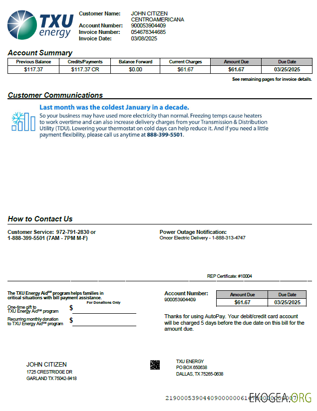 USA TXU Energy utility bill template in Word and PDF formats, version 4